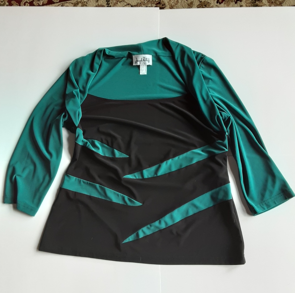 Women's Top, size L, 3/4 sleeves, teal with black